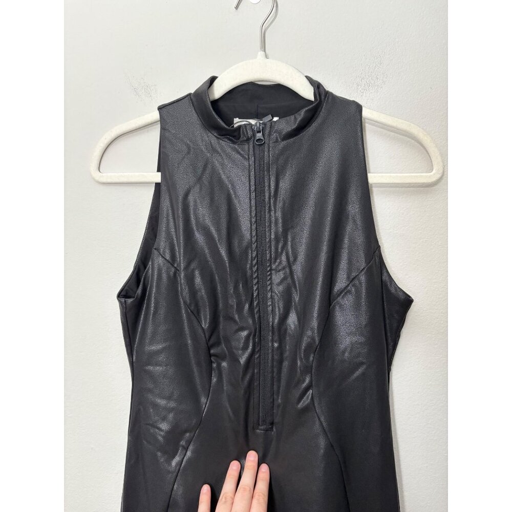 NEW Popilush Shapewear Sculpting Faux Leather Zip-Front Midi Dress Black Large - Picture 6 of 11